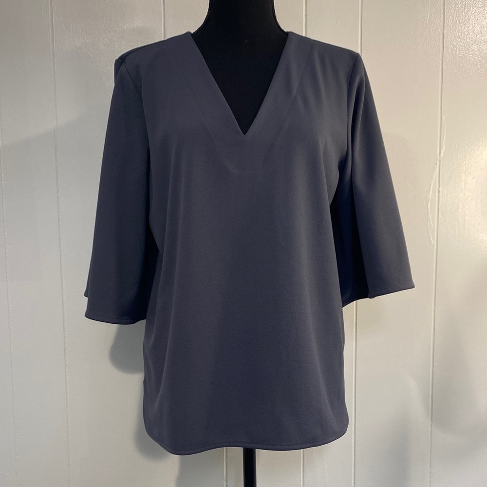 Career Work Blouse Top Office Minimalist Classic Bell Sleeve Blue Knit Large
